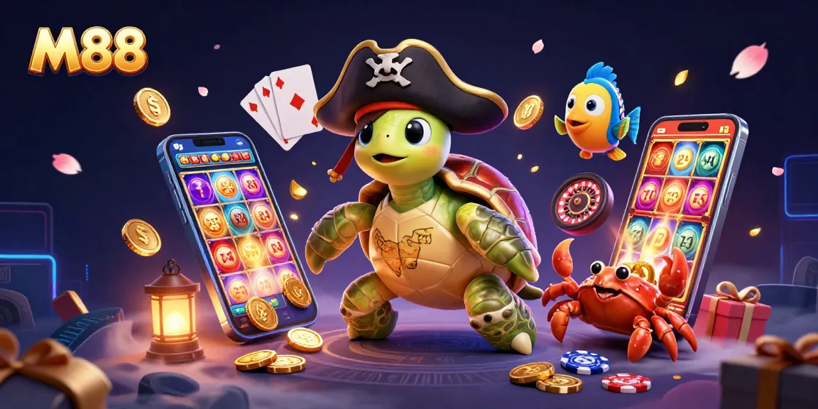 M88 engages players with vibrant casino games featuring a pirate turtle and friends discovering treasure.