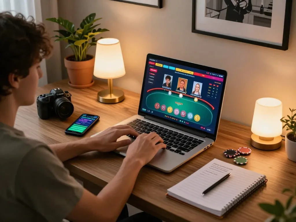 Engaging poker gameplay on https://max88sss.com/ with competitive atmosphere and cozy home setup.