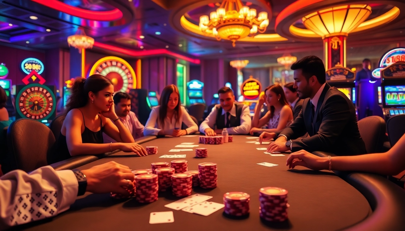 Go88 players enjoying an exciting high-stakes poker game with vibrant casino elements.