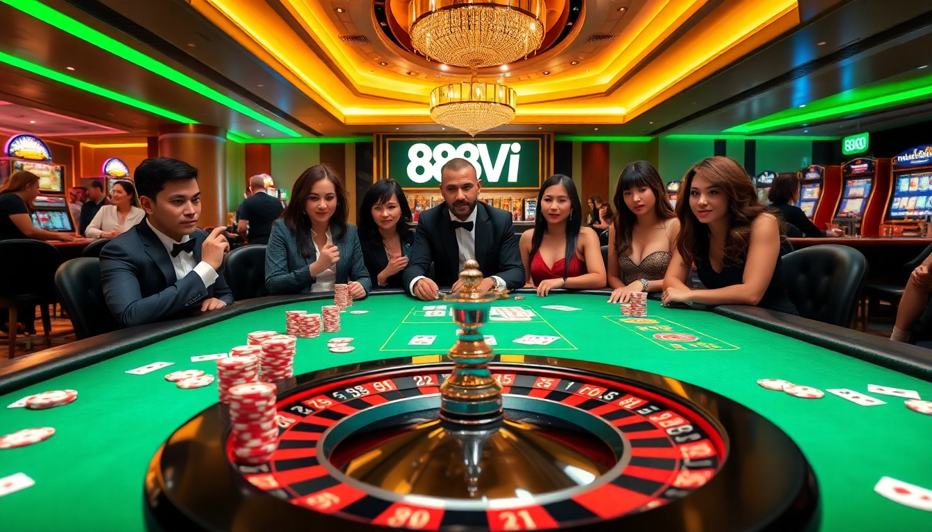 Engaged players at 888VI's luxurious casino table with poker chips and elegant cards.