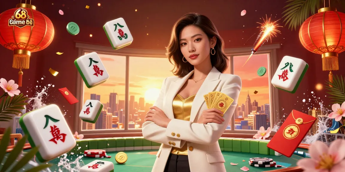 Experience dynamic gameplay at 68 Game bài with a powerful businesswoman showcasing poker skills amidst vibrant casino elements.