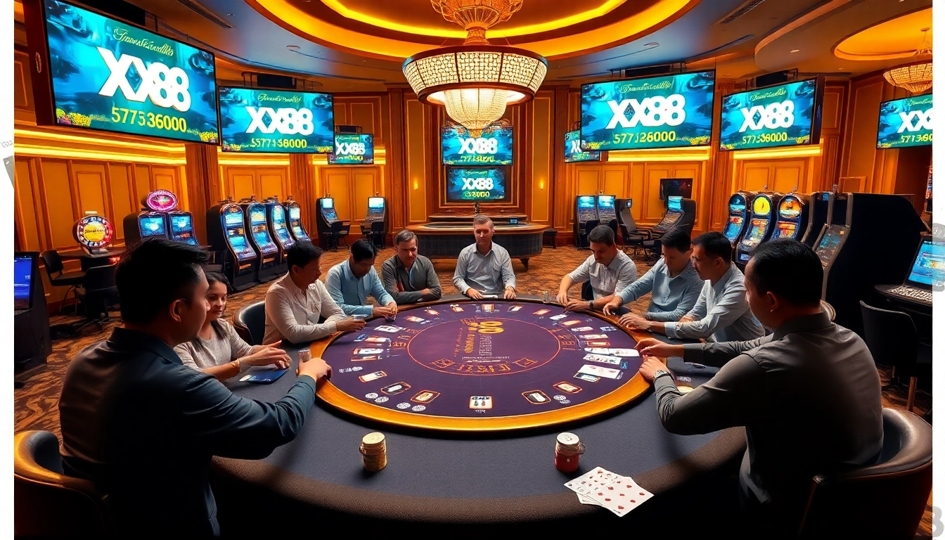 Engaged players at a luxurious XX88 casino table, showcasing vibrant chips and thrilling gameplay.