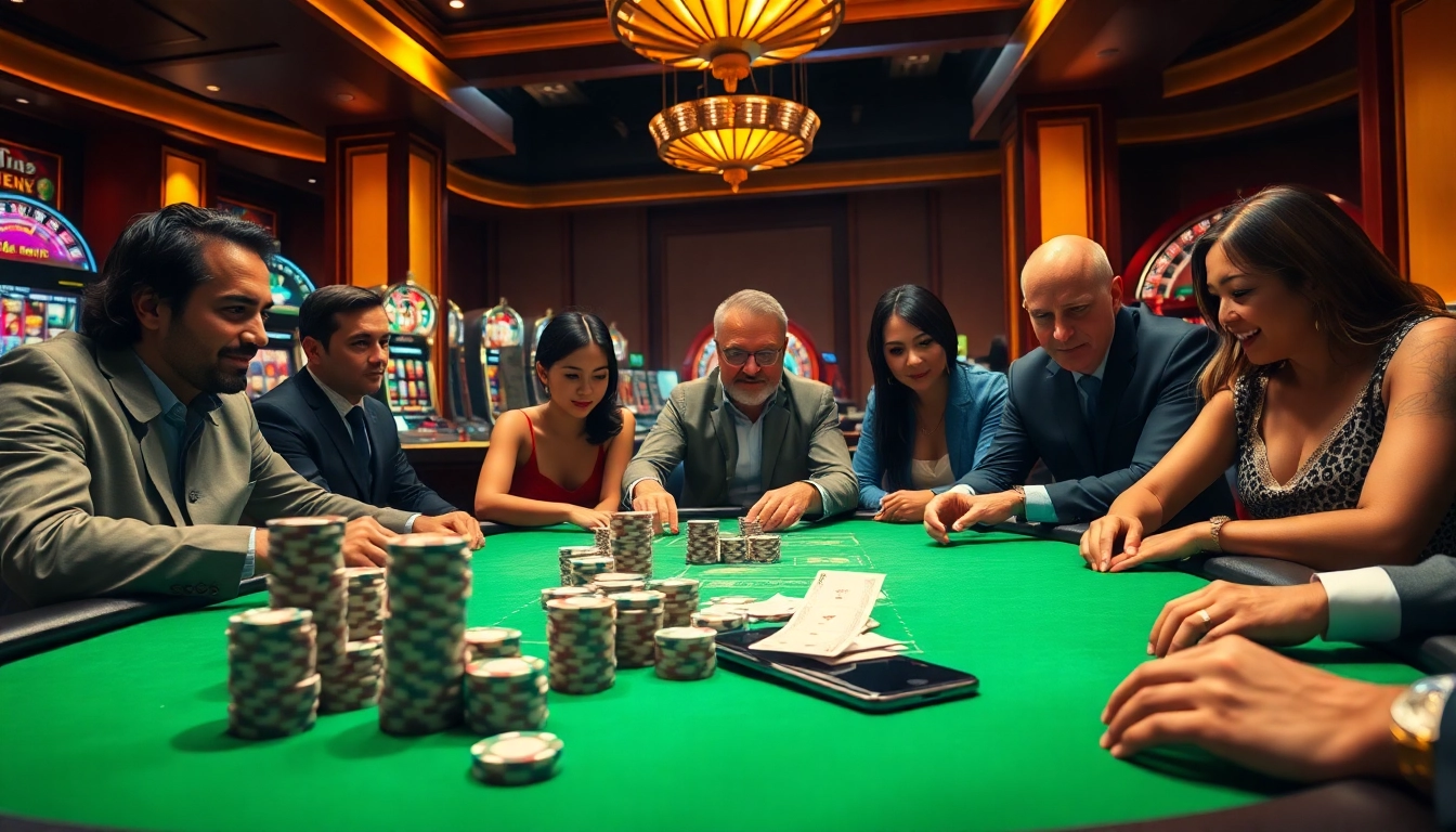 Engaged gamblers at the poker table using S 8 technology for betting strategies and gameplay.