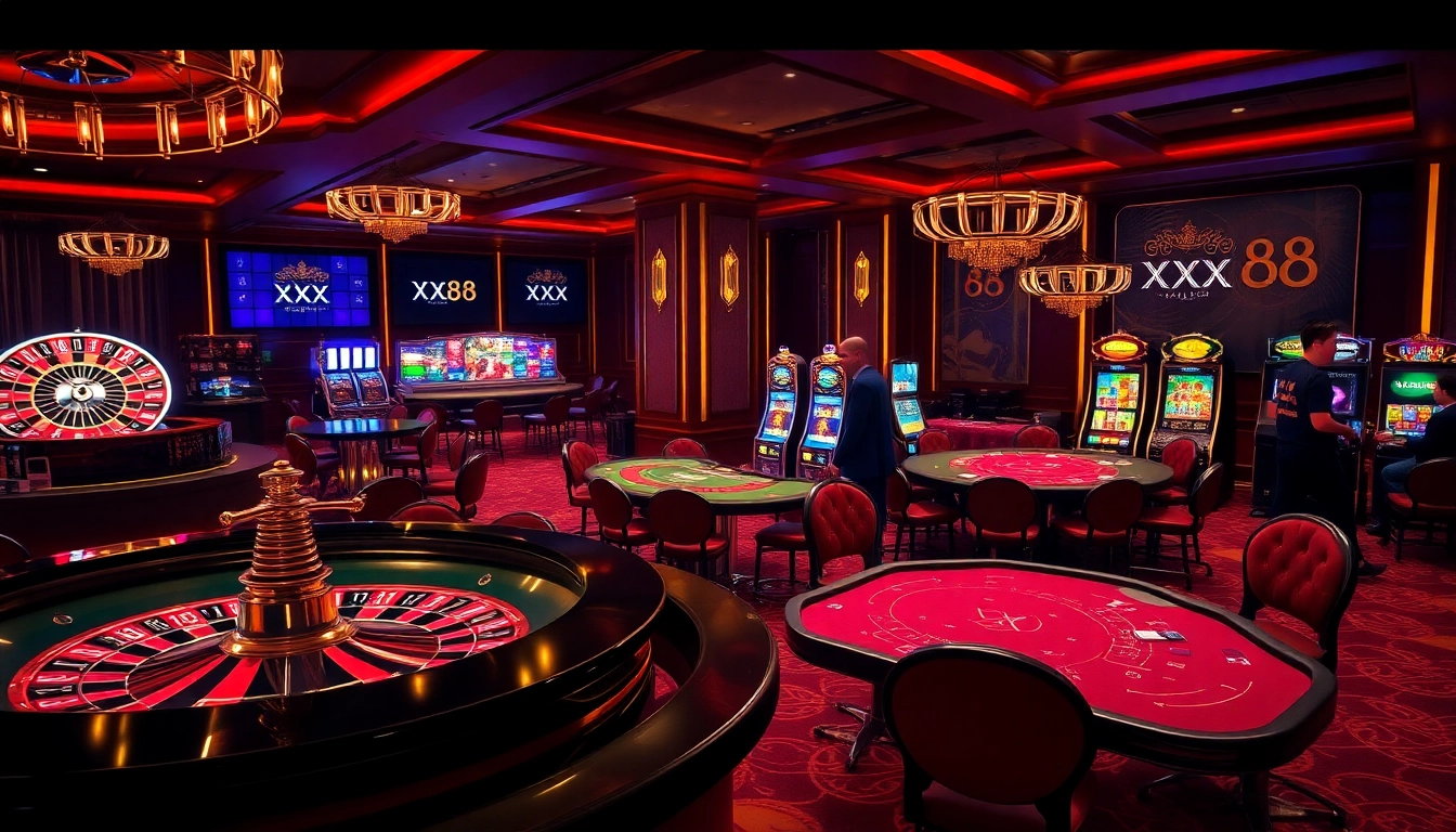 Players enjoying high-stakes gaming at XX 88 casino with slot machines and poker tables.