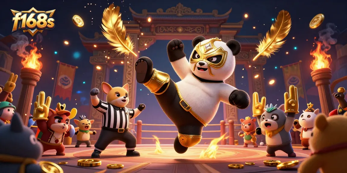 Action-packed f168s scene with a wrestling panda and tiny animal spectators in a colorful casino arena.
