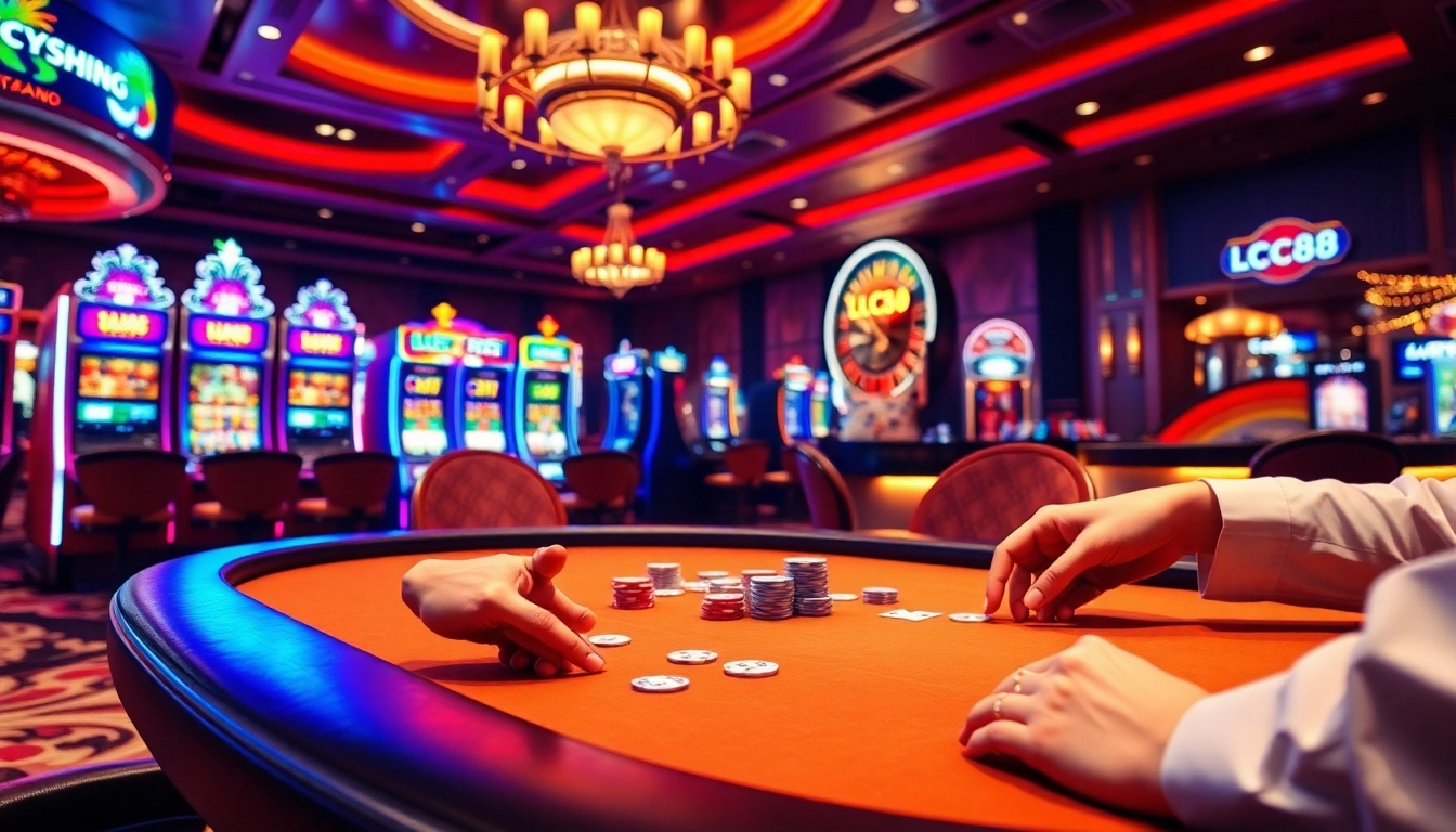 Engaged gamblers on a stylish LC88-themed casino floor, surrounded by vibrant slot machines and poker tables.