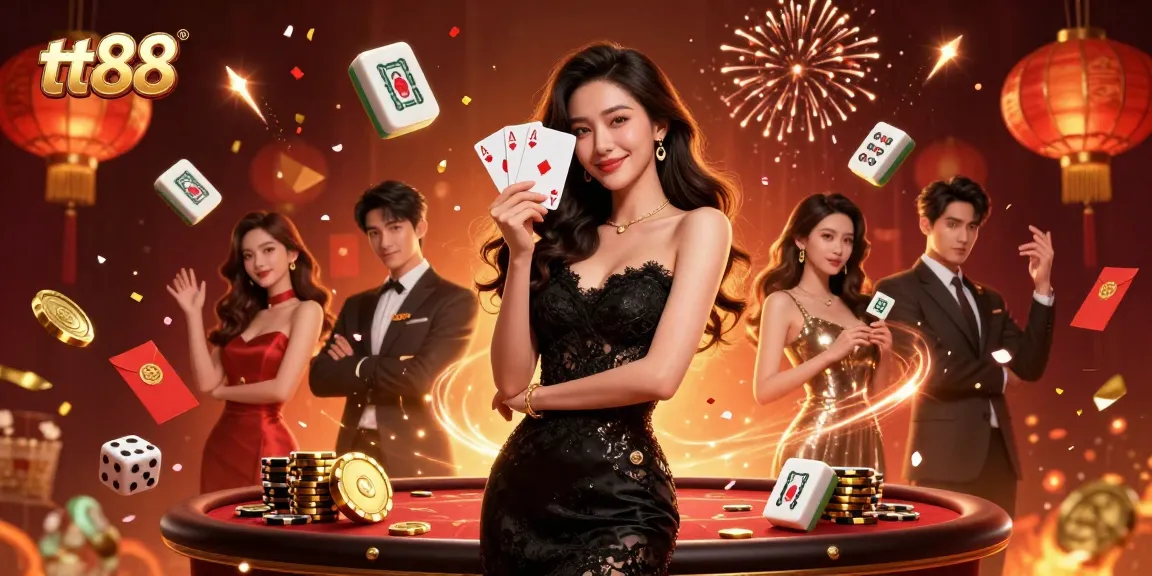 Engage in thrilling games at tt88 with an elegant Asian dealer showcasing ace cards in a luxury casino.