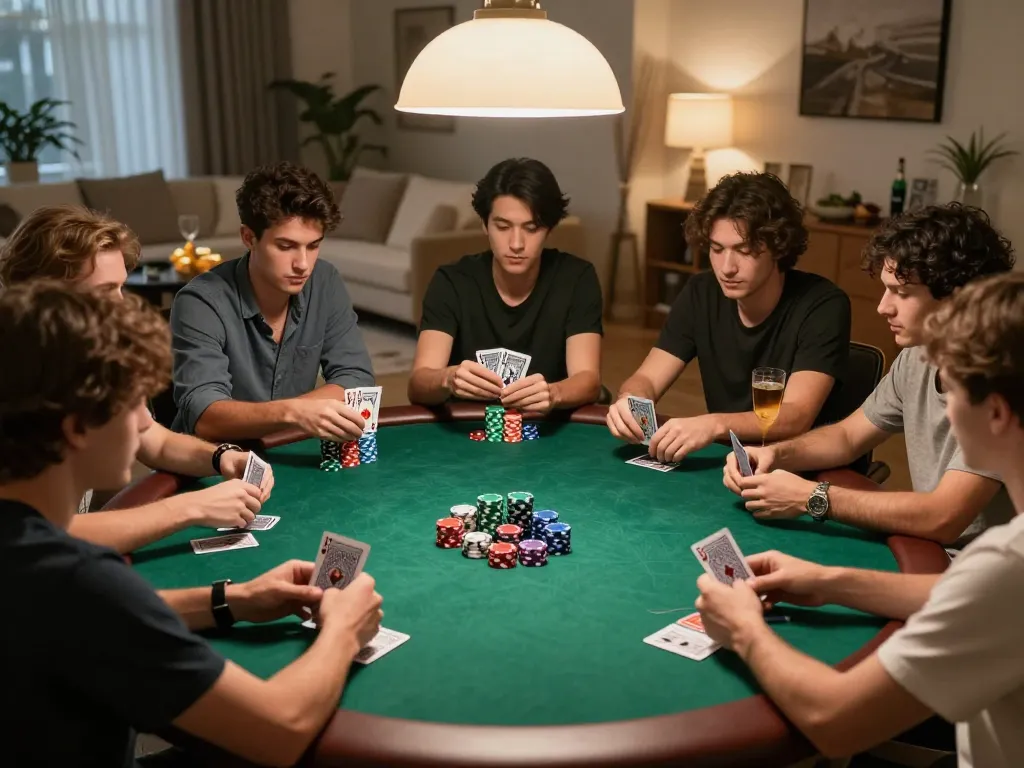 ko66 poker game in a cozy home setting, players strategizing over cards and chips