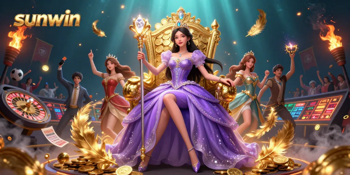 Win big with sunwin at an energetic sports betting arena, featuring a dazzling princess and dynamic elements.