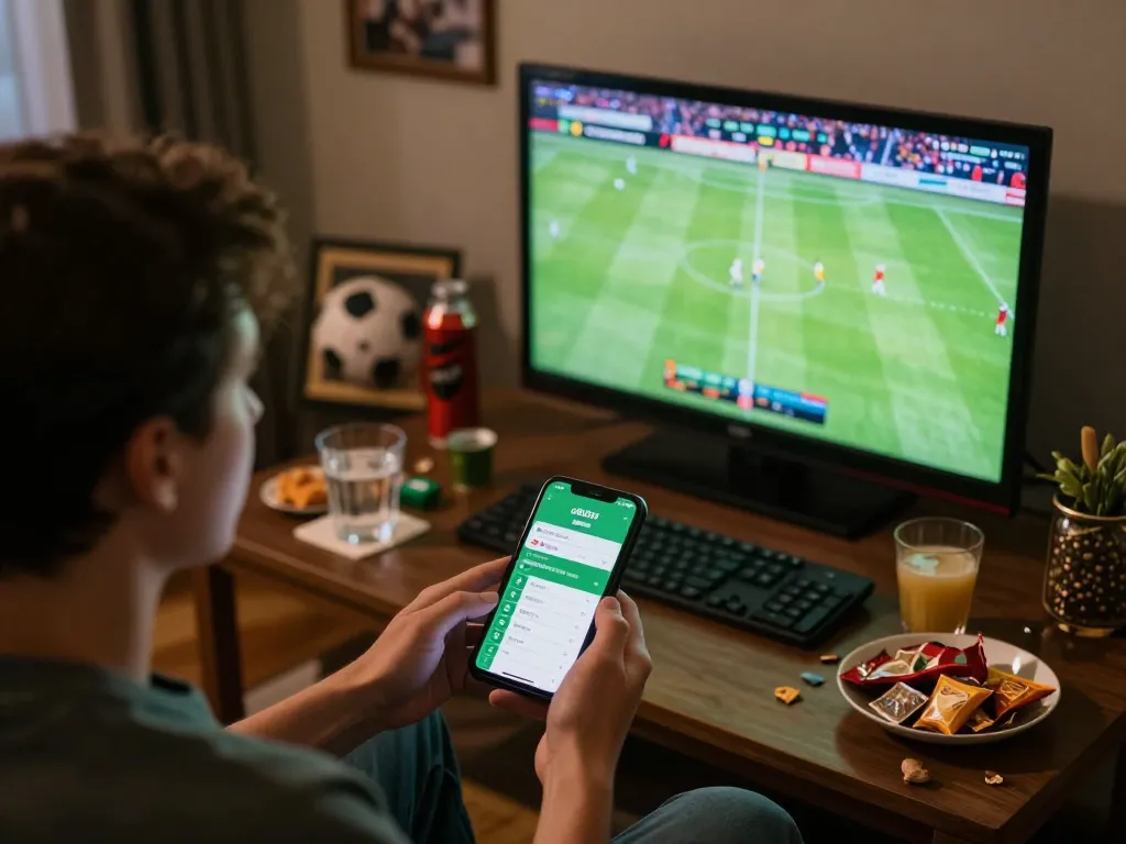 Engaged Bsport user placing bets on mobile app while watching live sports, cozy home atmosphere.