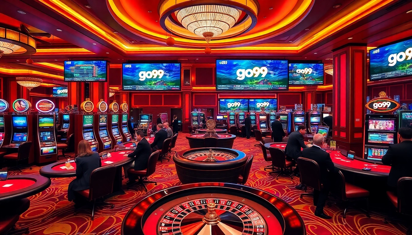 Exciting gameplay at go99 casino with vibrant tables, dealers, and slot machines.