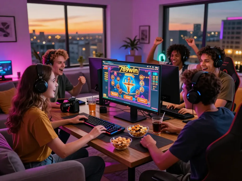 Engaged friends enjoying a gaming session on 789win with snacks in a cozy living room.