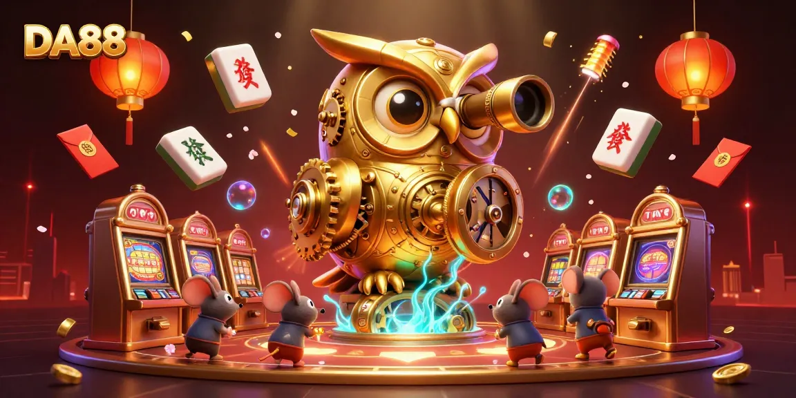 Experience thrilling gameplay with DA88 in a vibrant casino scene featuring golden owls and miniature mice.