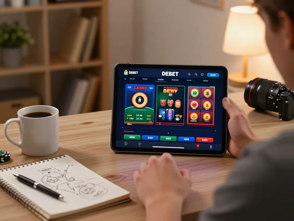 Player strategizing on the DEBET casino app in a cozy home setting, tablet displaying poker game.