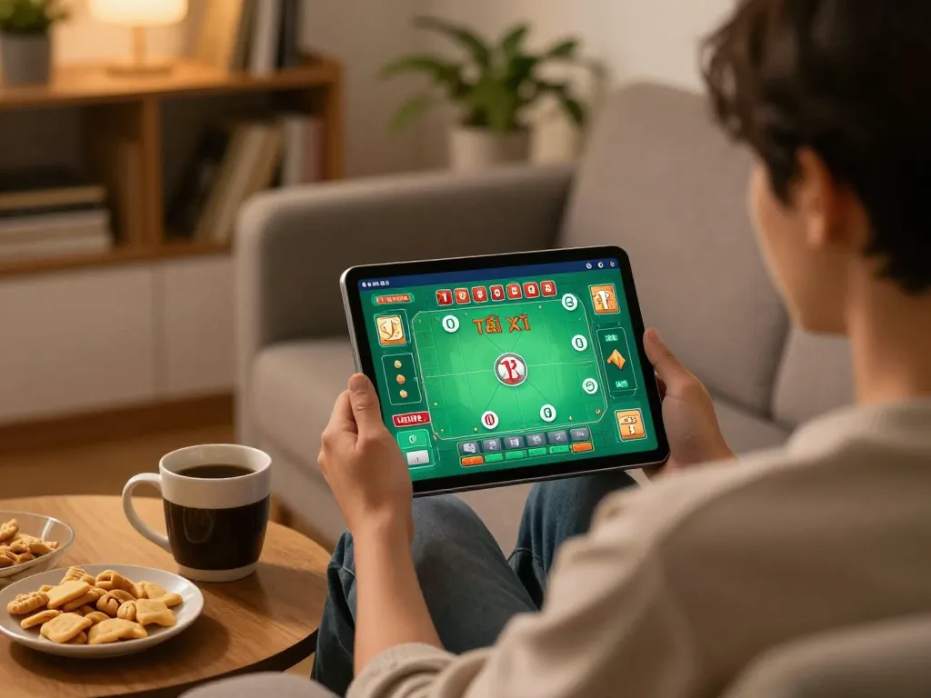 Engaging in Tài Xỉu online from a comfortable home setup, showcasing gameplay on tablet.