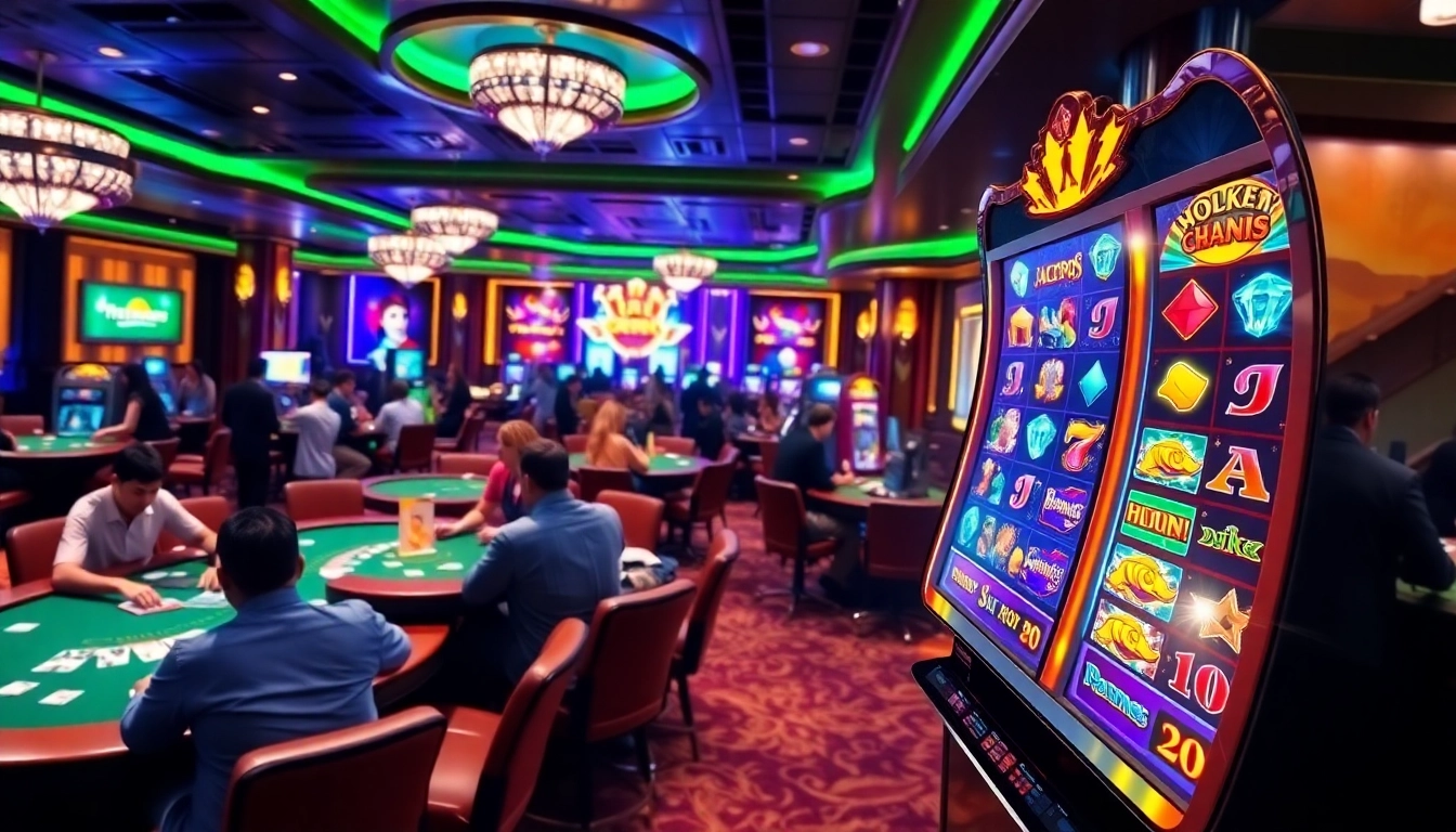 Players experiencing excitement at thabet777 casino with vibrant slots and poker tables.