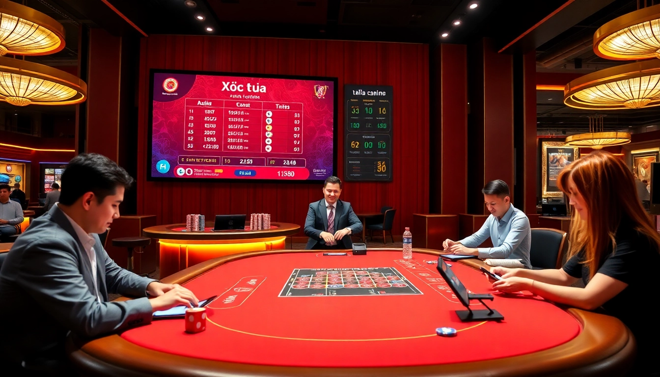 Xóc đĩa online scene with players engaged and a dealer at the table highlighting excitement.