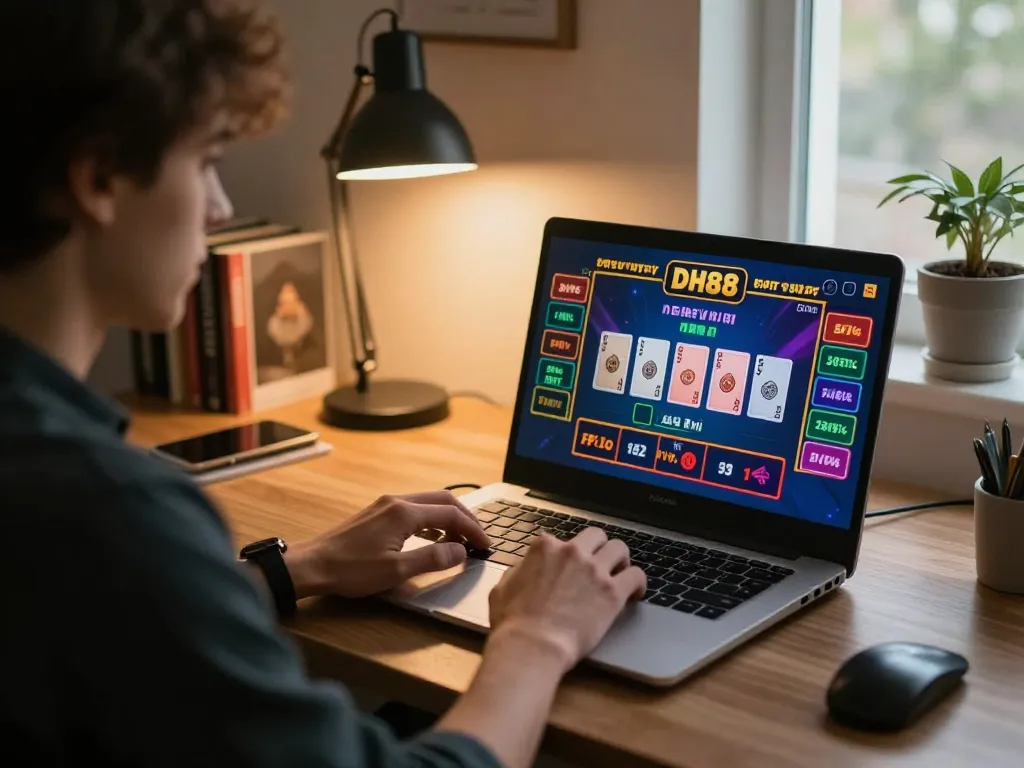 DH88 player engaging with live dealer on laptop in a cozy home gaming setup.