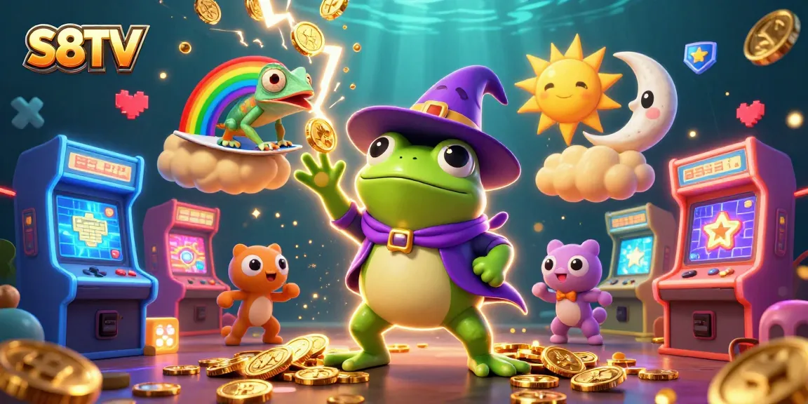 S8TV features an energetic scene with a weather wizard frog and chameleon, creating a storm of golden coins in a vibrant gaming world.