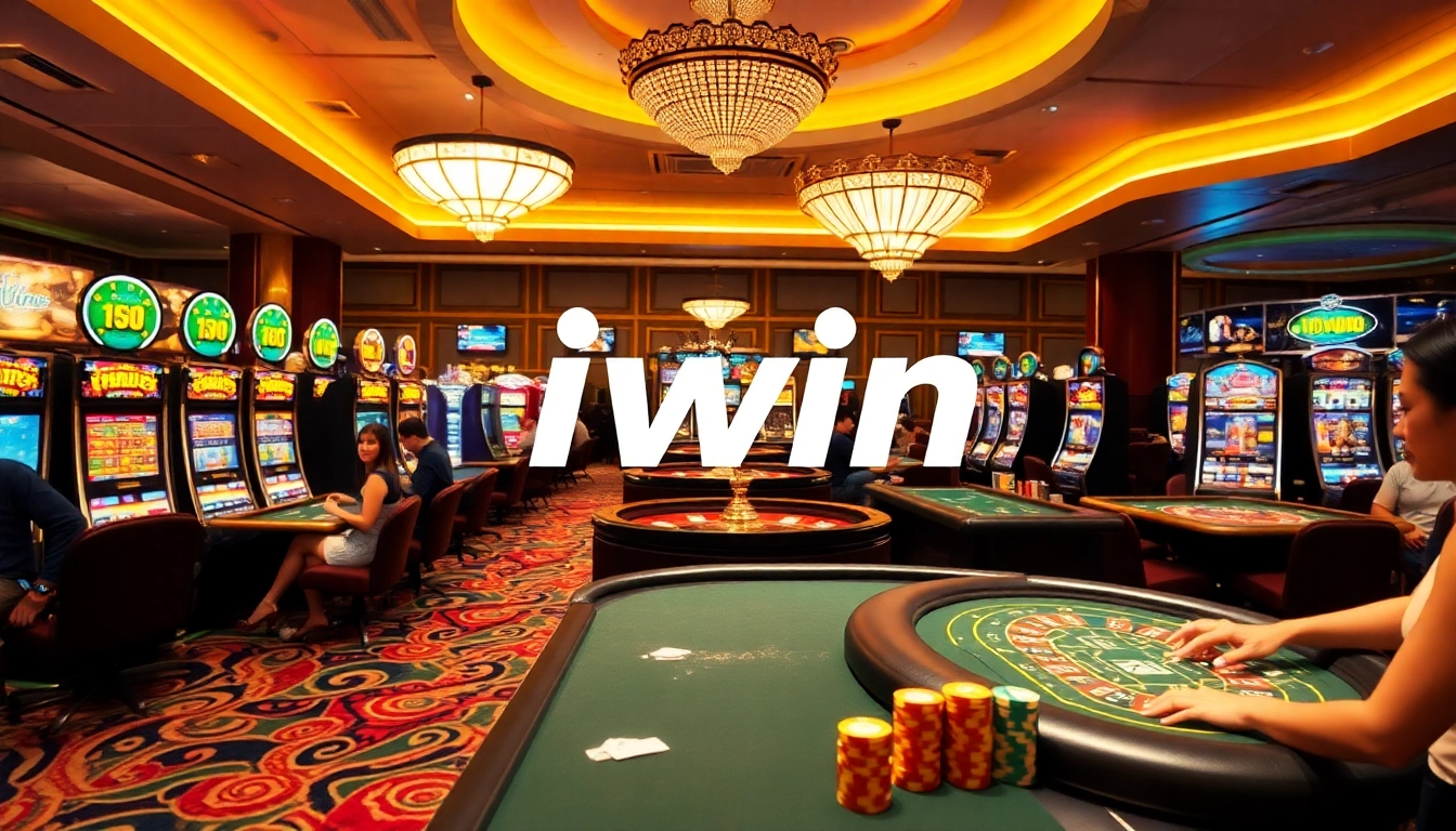 Iwin's vibrant casino scene with players enjoying slot machines and poker games.