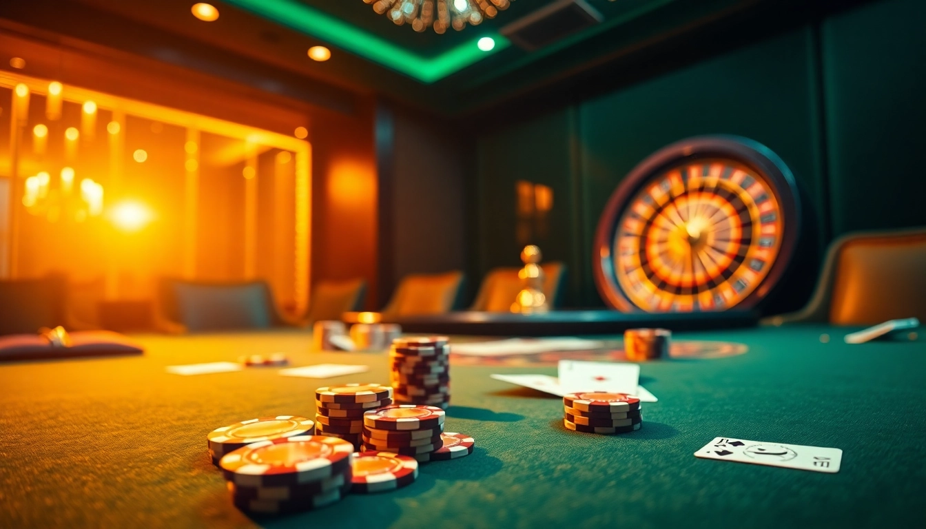 Engage with the BDTK1 gambling scene at a luxurious casino table showcasing poker chips and cards.