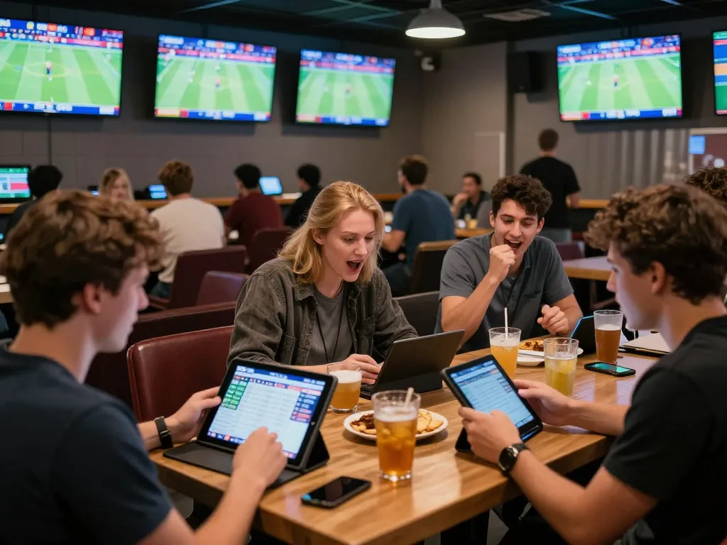 Fans at tylekeonhacai88 sports betting lounge analyzing odds and celebrating wins