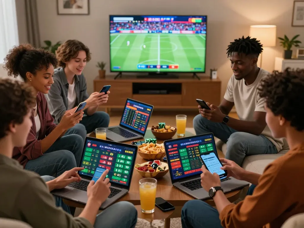 Friends enjoying interactive online betting on rikbet platform in a vibrant living room setting.