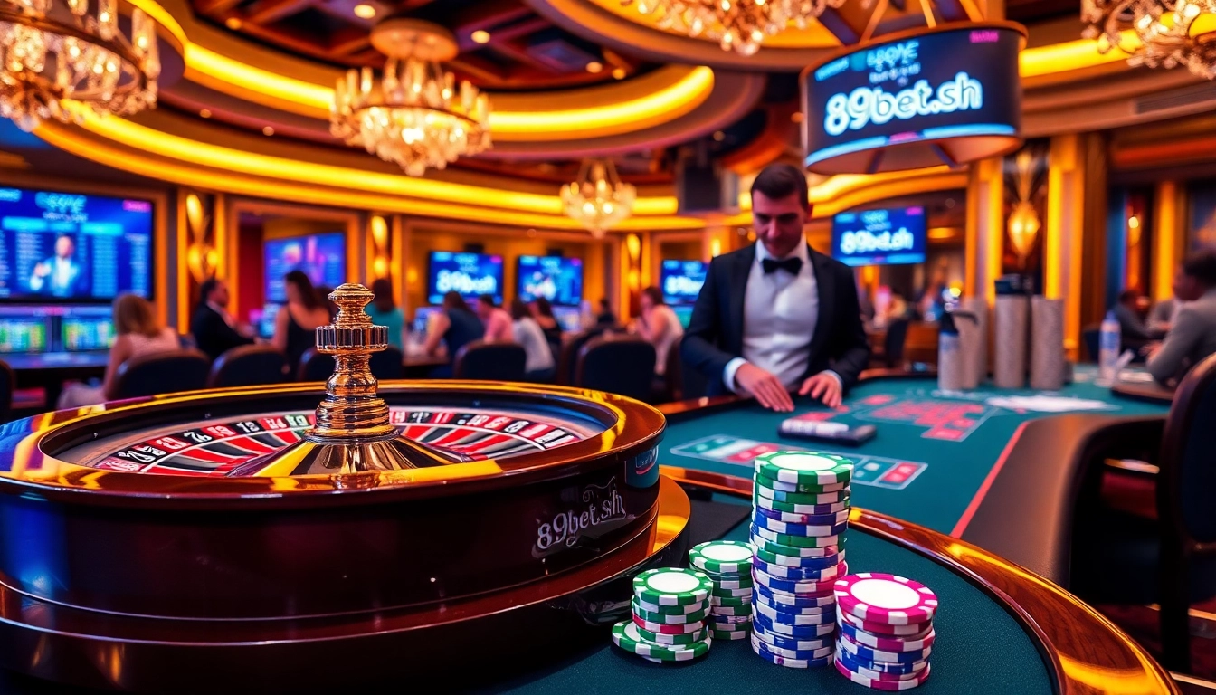 Experience the thrill of gambling at 89bet.sh with vibrant casino tables and poker chips.