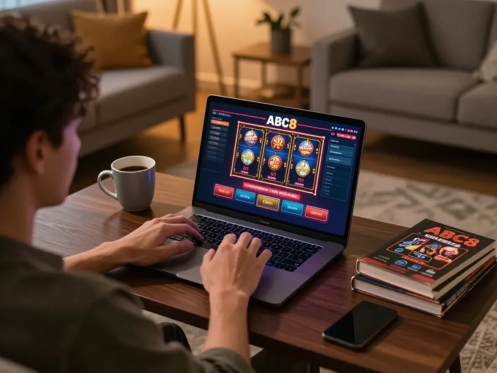 Engaging online gaming with ABC8 casino interface in a cozy home setup.