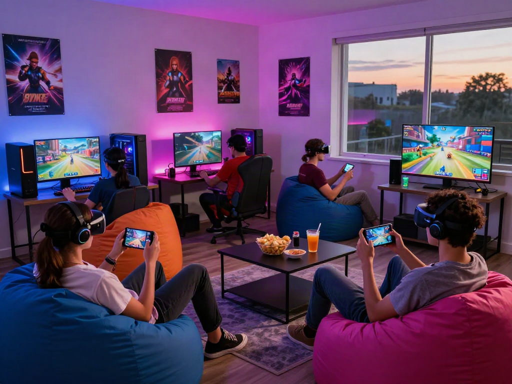 Group having fun with porngames in a vibrant gaming lounge, showcasing devices and snacks.
