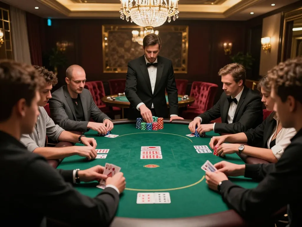 Sunwin players engaging in a high-stakes poker game with vibrant chips and warm lighting