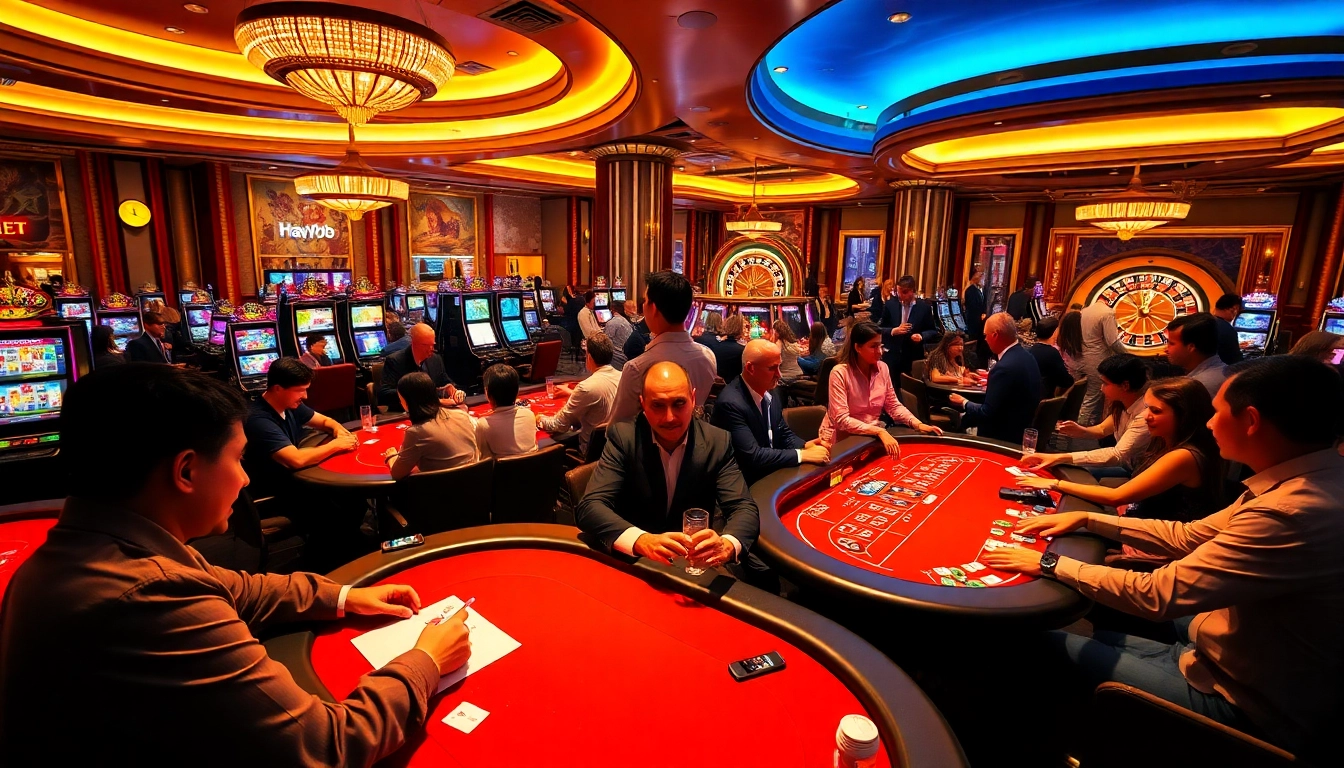 Engaged players at Hay88 casino tables enjoying exciting games of poker and slots.