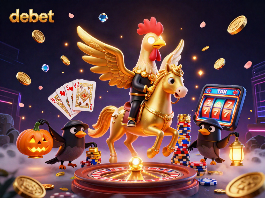 Engage with debet in a vibrant 3D casino scene filled with golden coins, cards, and festive characters.