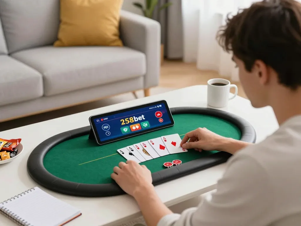 Player strategically managing their online poker game on a tablet with 258bet, creating a cozy home gambling atmosphere.