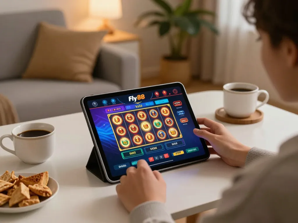 Playing with the Fly88 app on a tablet at home, snacks nearby, showcasing modern online gaming