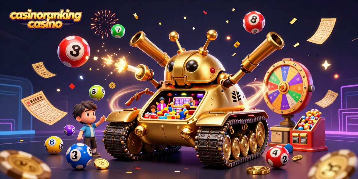 Experience vibrant action at casinoranking casino with a golden beetle tank bursting with confetti and colorful lottery balls.