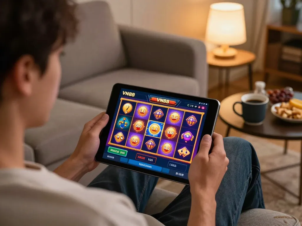 Engaged player enjoying VN88 casino app on tablet in a cozy home setting, highlighting online gambling.