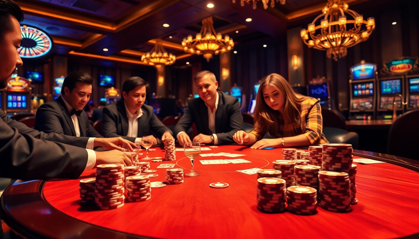 Gambling excitement at https://888vina.com/ with casino tables, chips, and players enjoying the thrill.
