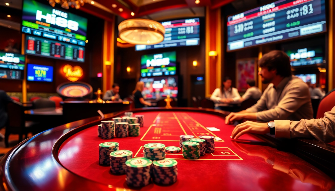 Engaging players betting at Hi88's baccarat table, showcasing excitement and elegance in a casino setting.