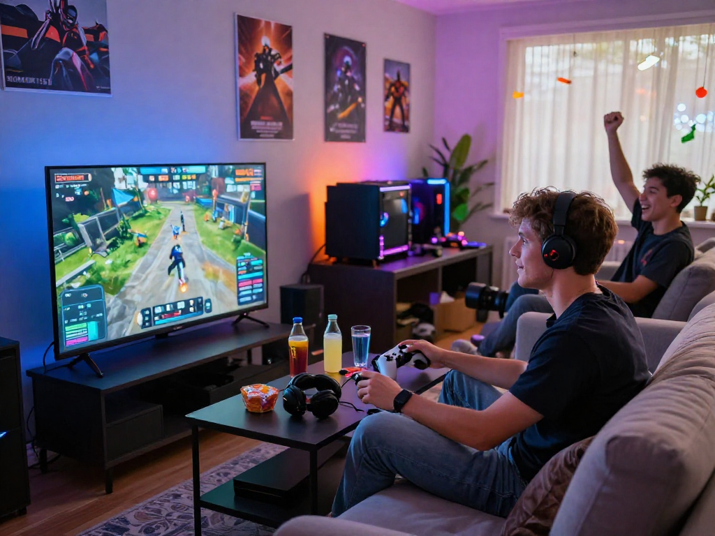 KOMBET168 gaming enthusiasts in a lively living room, focused on a thrilling game.