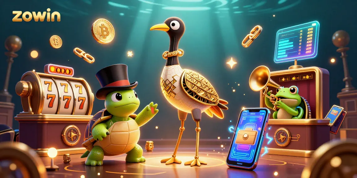 Engage with Zowin slots featuring vibrant characters, golden reels, and crypto elements in an exciting casino scene.