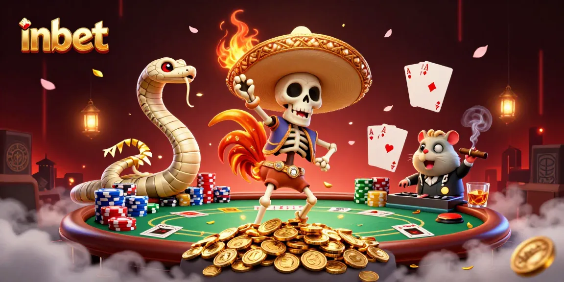 Experience thrilling wins with Inbet gaming featuring vibrant characters celebrating around a dynamic poker scene.