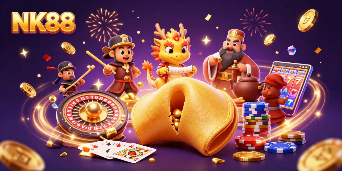Engage with NK88's dynamic gaming scene featuring a golden fortune cookie and casino elements.