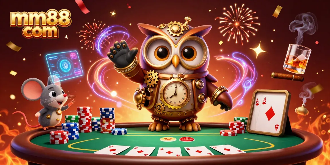 Engage with exciting games at mm88 com featuring a whimsical owl and dynamic casino elements.