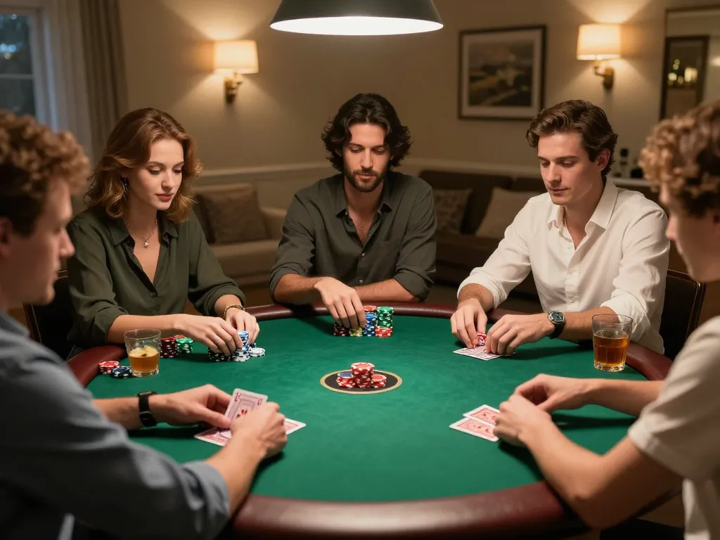 Players enjoy a spirited poker game at home, showcasing LV88's vibrant gaming community.