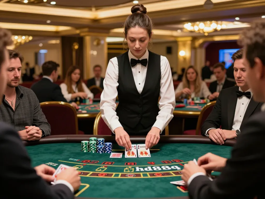 Players experiencing live blackjack at hd88qq with an engaging dealer, showcasing strategic gameplay.