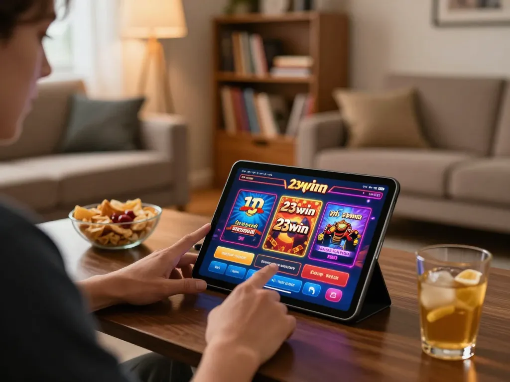 Player enjoying online gaming at 23win on a tablet in a cozy living room setting