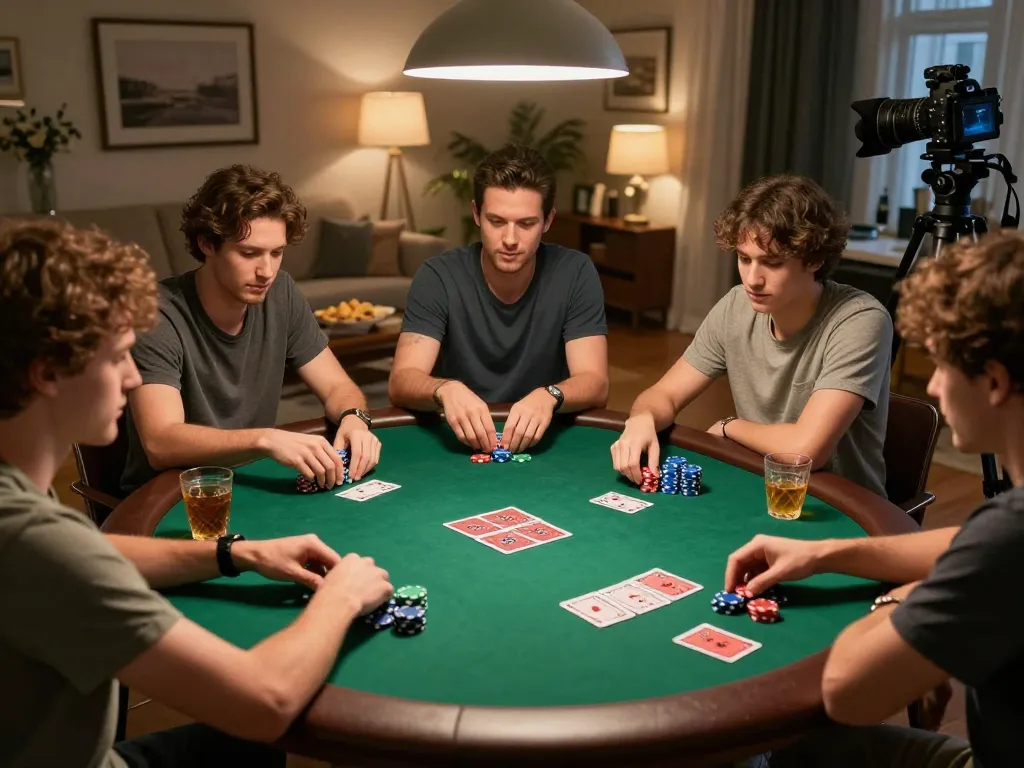 Engaged friends enjoying a lively poker night while playing at home with strategies on https://mm88.fun/