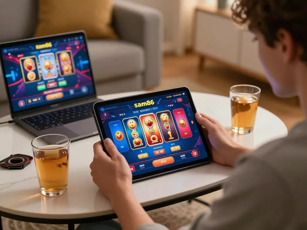 Player enjoying sam86 casino games on tablet in cozy home setting with strategic notes.