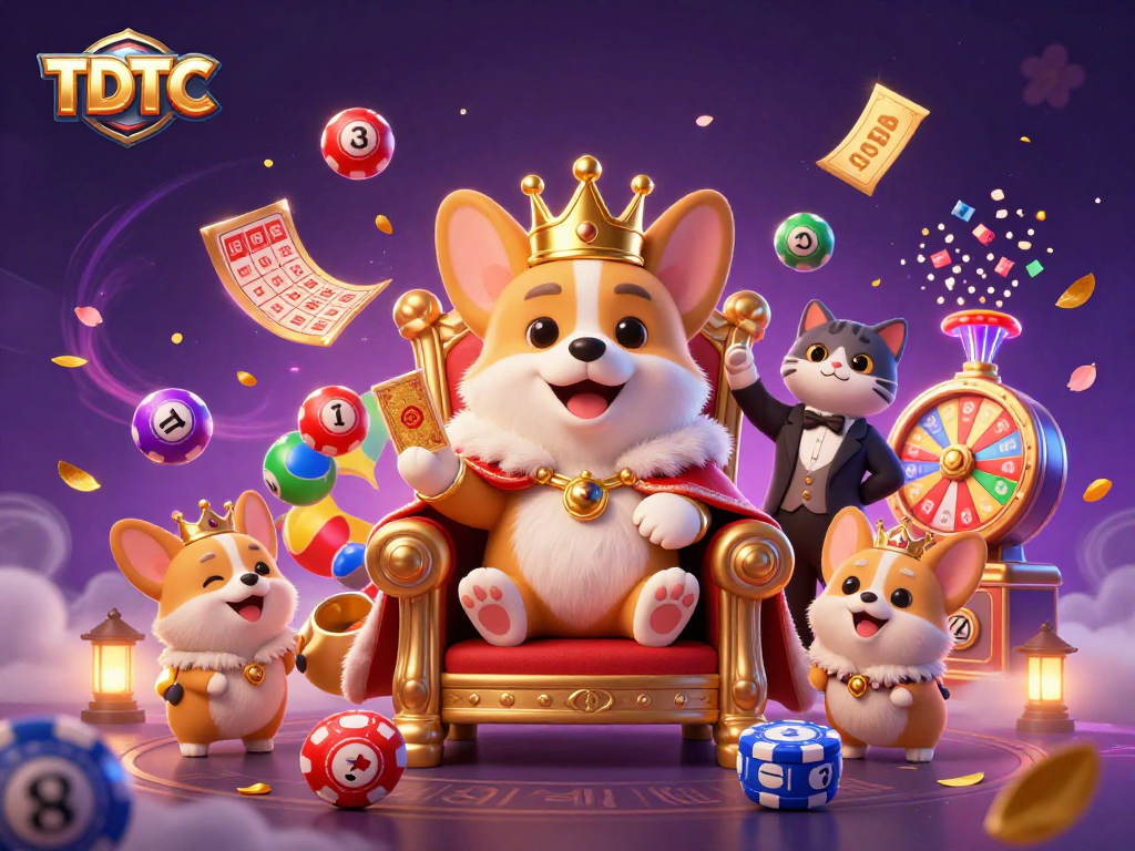Engage with TDTC in a colorful casino scene filled with prize elements and animated characters.